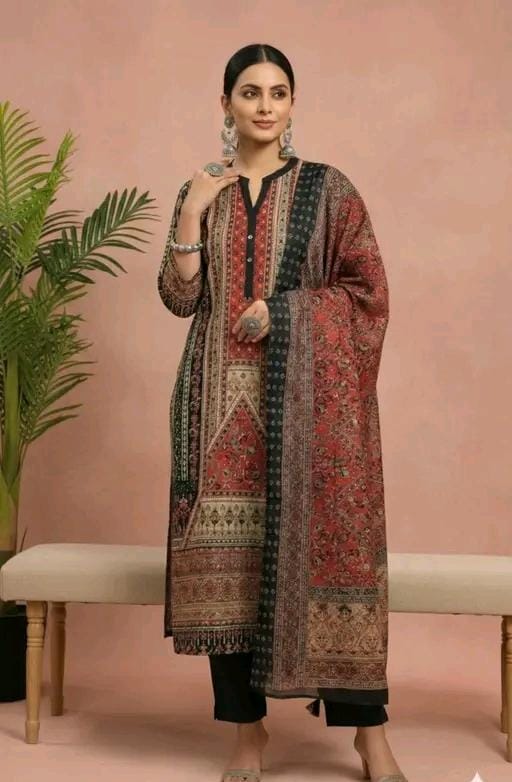 Women's red and black printed cotton suit