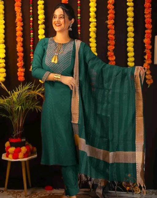 Embroidered cotton kurta pant dupatta