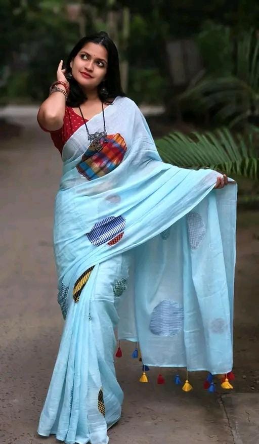 Women cotton fokira saree sky blue colour