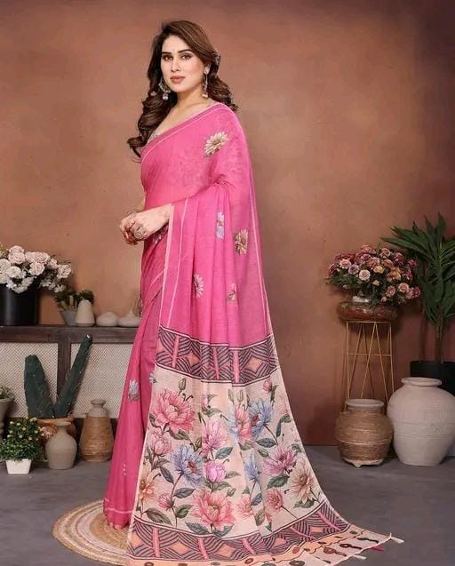 Soft cotton linen degital print saree with matching blouse