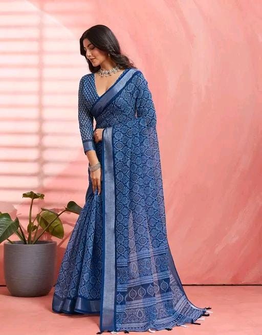 Women fancy blue linen printed saree