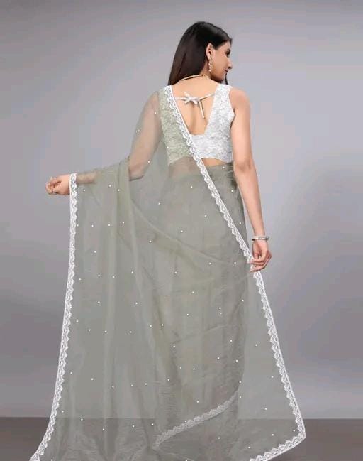 Women fancy supernet beads and stone saree with jackard blouse