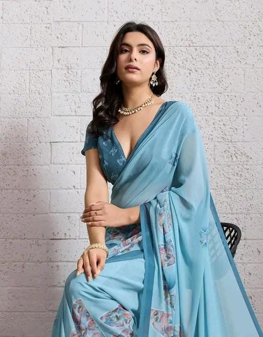 Pritii women sky blue cotton blend geomatric printed saree