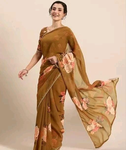 Print georgette saree with pearl lace border and matching blouse