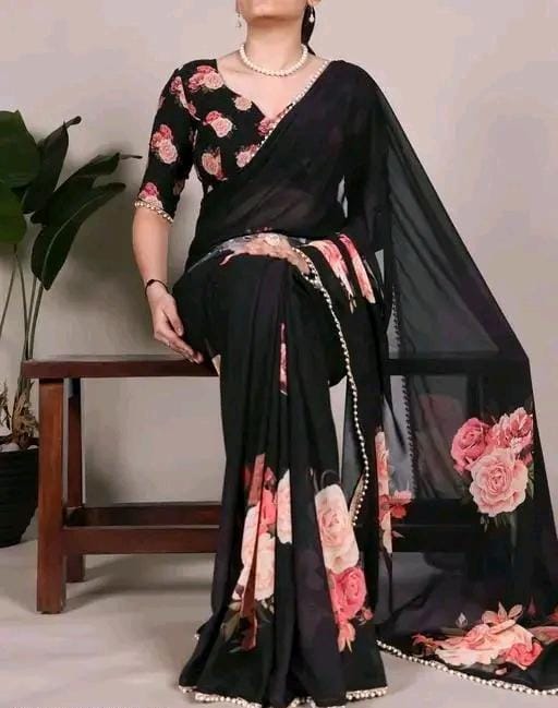 Print georgette saree with pearl lace border and matching blouse