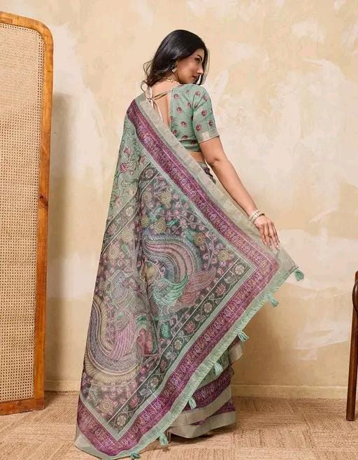 Fancy women print printed silk saree with blouse