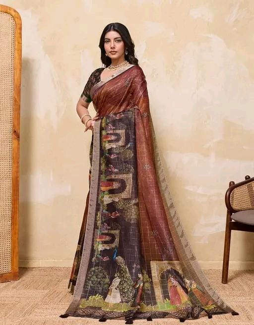 Fancy women print printed silk saree with blouse