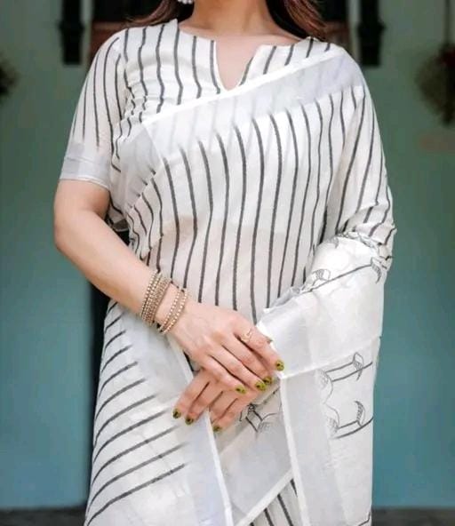 Women cotton linen saree white