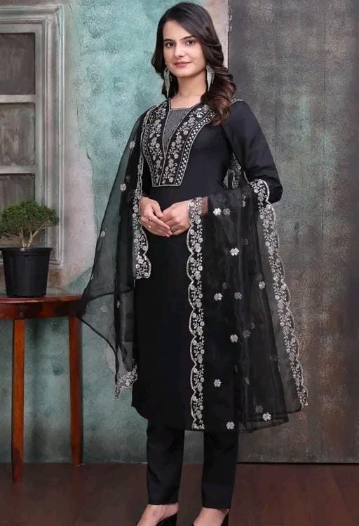 Rayon slub embroidered kurta set with dupatta