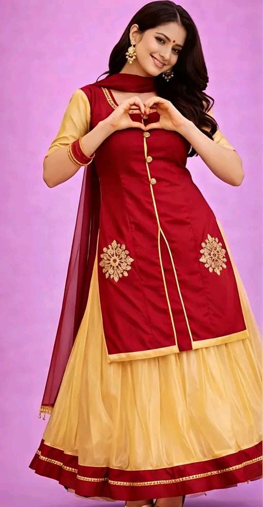 Women maroon & cream lehenga kurti with dupatta