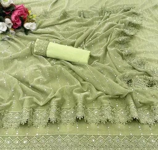 Women fancy shimmer saree with mirror work andvchemical lace