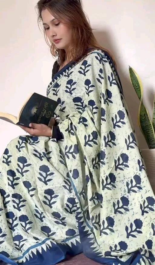 Hand block printed soft fancy cotton mulmul saree