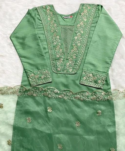 Rayon slub embroidered kurta set with dupatta