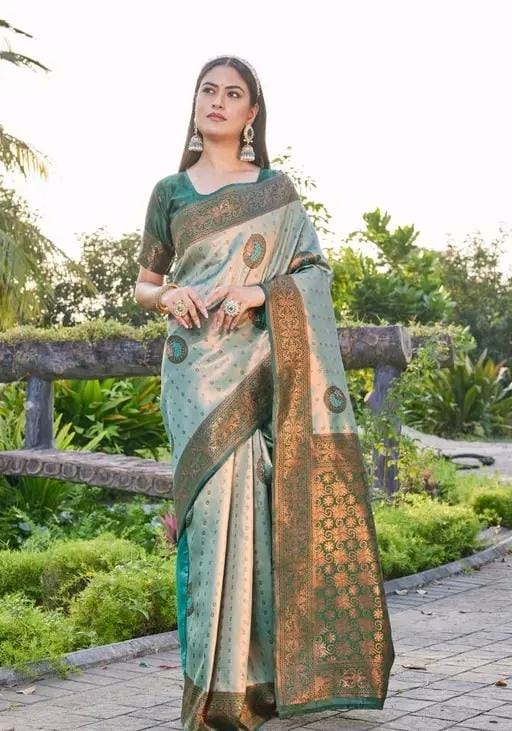 Woven srlf design pista colour banarasi saree