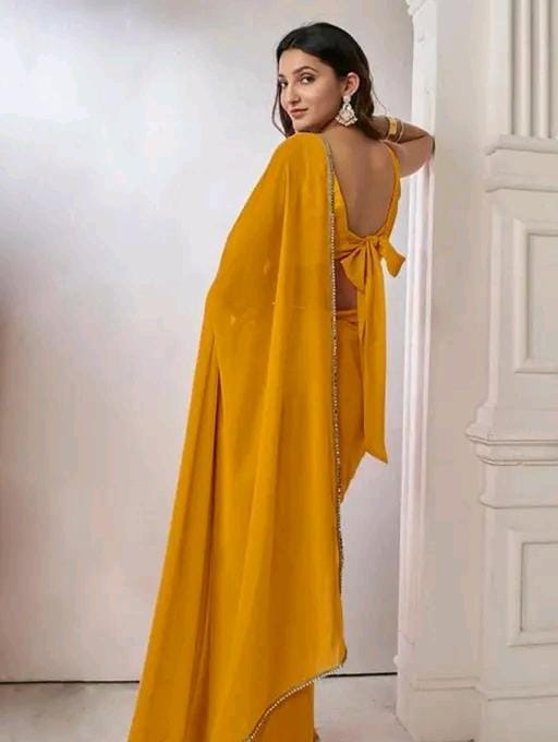 Women stylish pink colour plain pure fox georgette fabrics saree