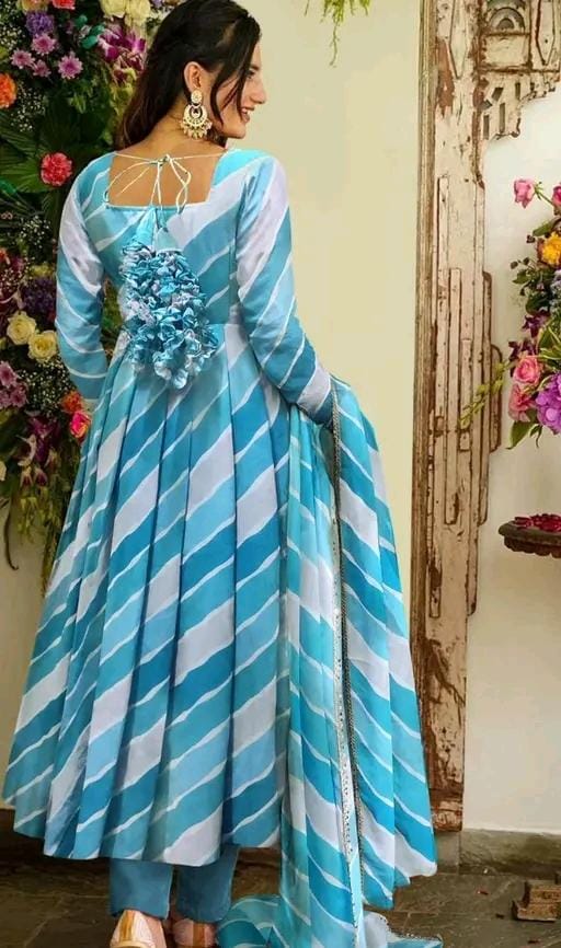 Sky blue & white leheriya print anarkali suit with dupatta
