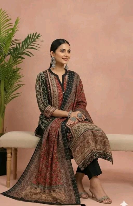 Women's red and black printed cotton suit