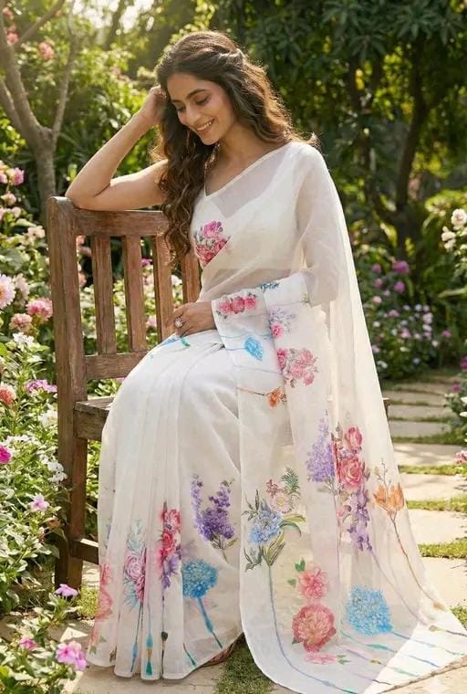 Women linen saree with floral digital print