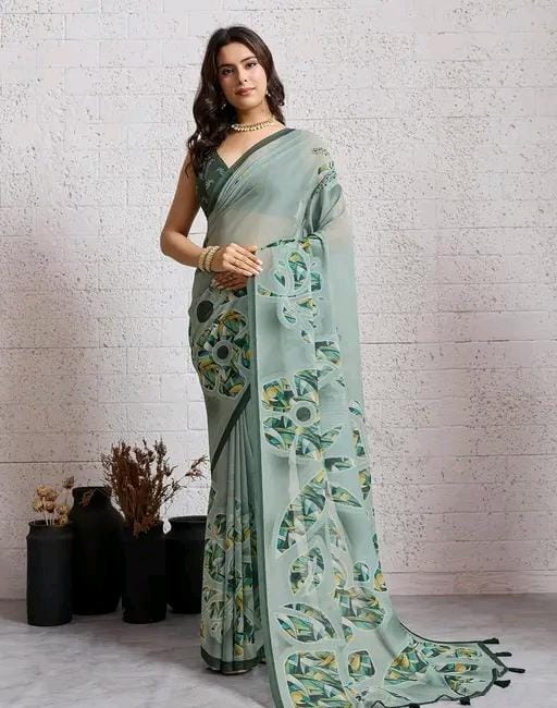 Women ,s green cotton blend geomatric printed saree and blouse