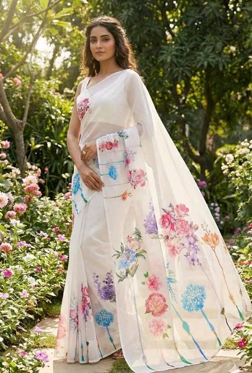 Women linen saree with floral digital print