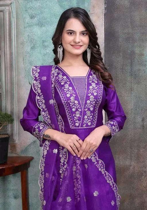 Rayon slub embroidered kurta set with dupatta