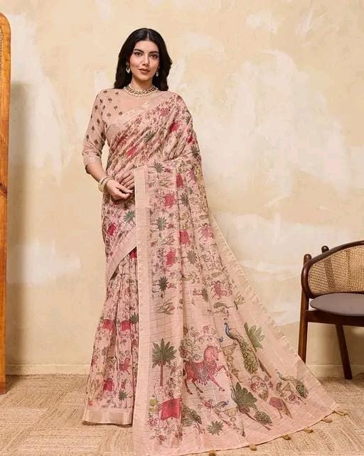 Fancy women print printed silk saree with blouse