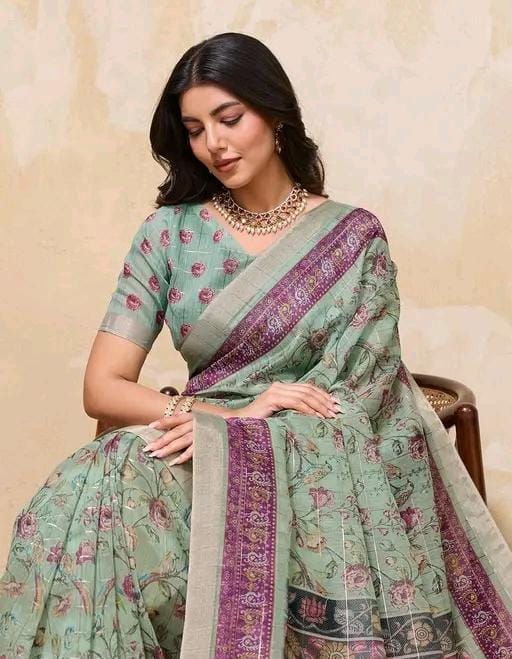 Fancy women print printed silk saree with blouse