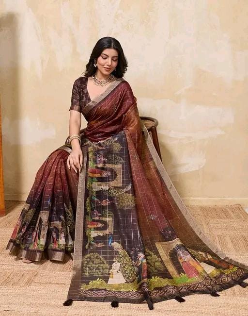 Fancy women print printed silk saree with blouse