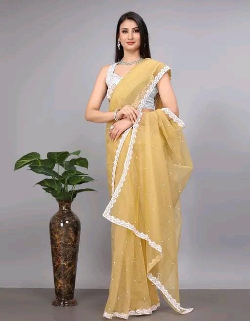 Women fancy supernet beads and stone saree with jackard blouse