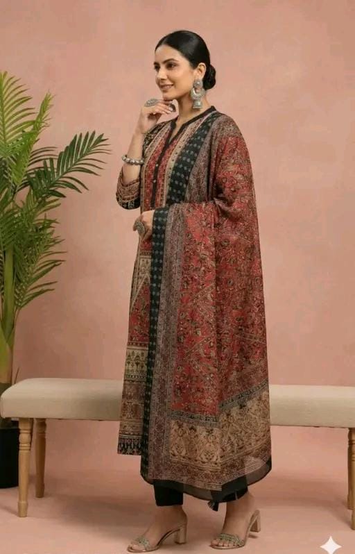 Women's red and black printed cotton suit