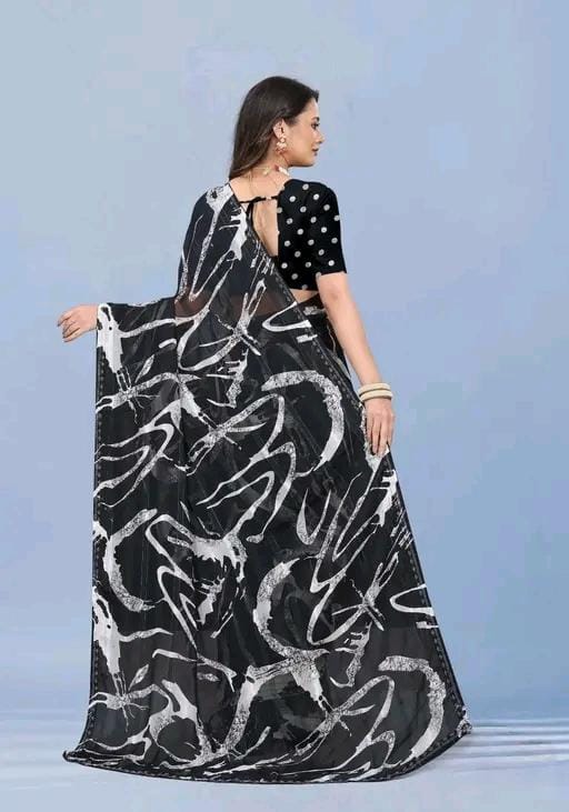 Pd silk mills pure georgette white saree with stone work