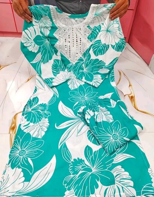 Green floral printen kurta pant set for women