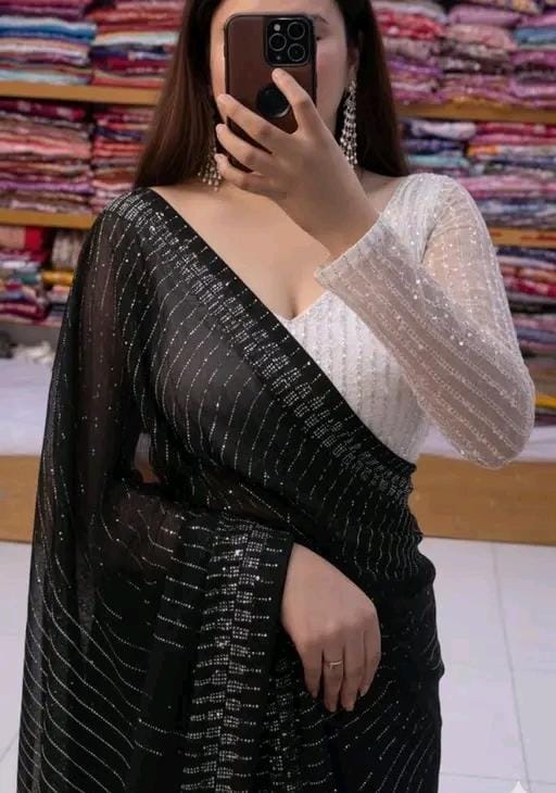Georgette cutwork diamonds saree with blouse,saree ready tp bear