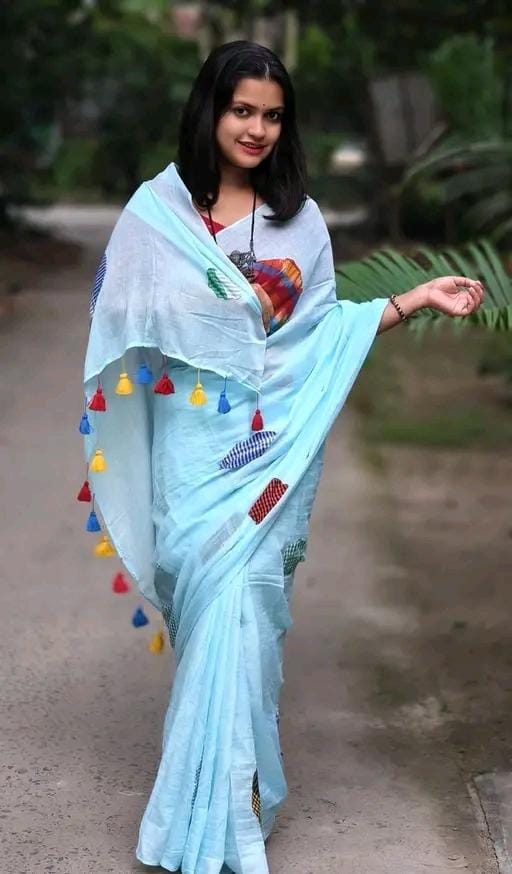Women cotton fokira saree sky blue colour