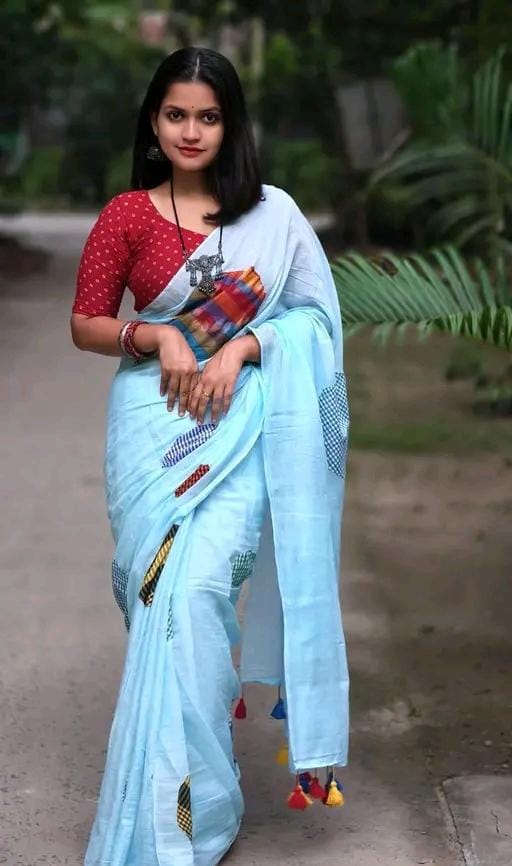 Women cotton fokira saree sky blue colour