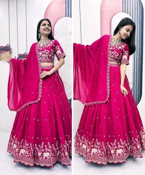 Embroidered riund neck semi stitched lehega & blouse with dupatta