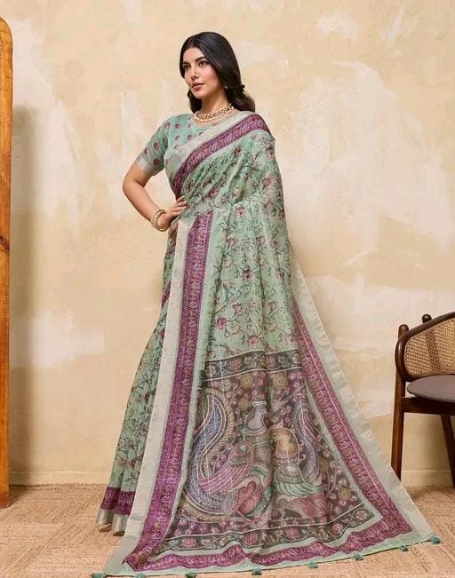Fancy women print printed silk saree with blouse