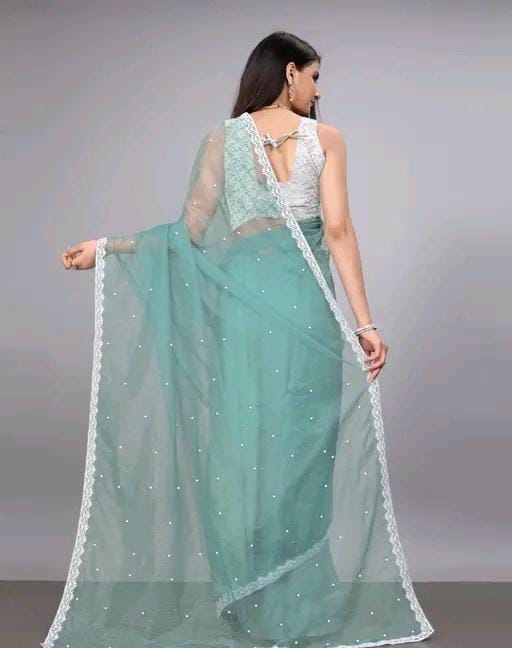 Women fancy supernet beads and stone saree with jackard blouse