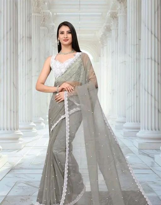 Women fancy supernet beads and stone saree with jackard blouse