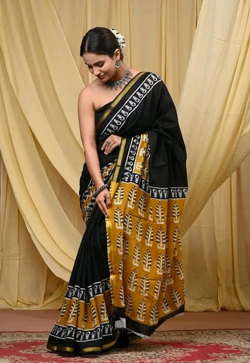 Jaipuri hand block printed soft cotton saree
