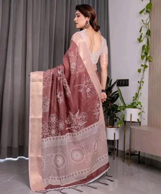 Pure handloom linen saree with zari broder & floral print
