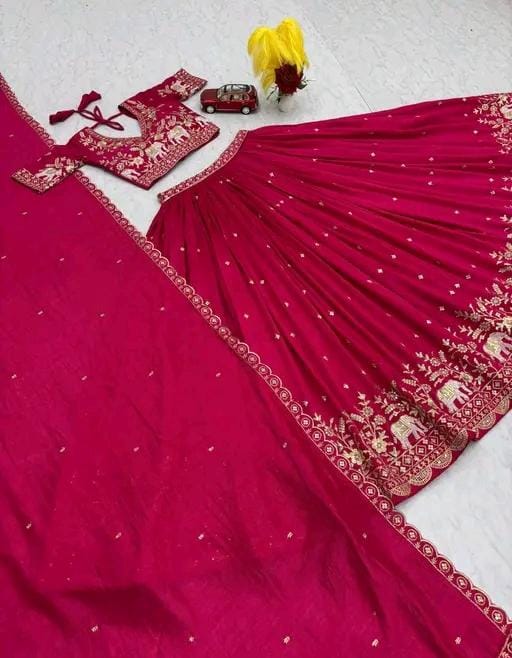 Embroidered riund neck semi stitched lehega & blouse with dupatta
