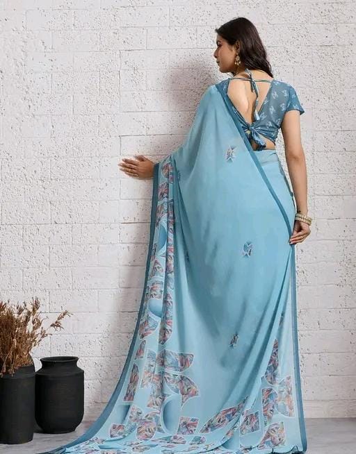 Pritii women sky blue cotton blend geomatric printed saree