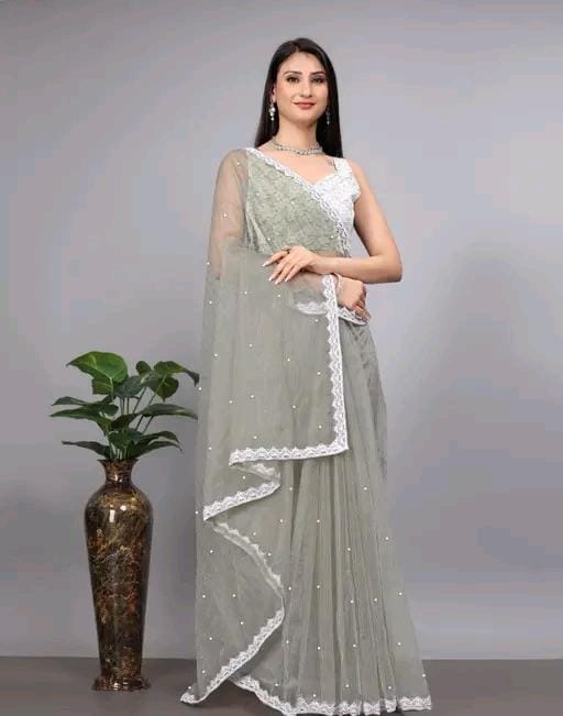 Women fancy supernet beads and stone saree with jackard blouse