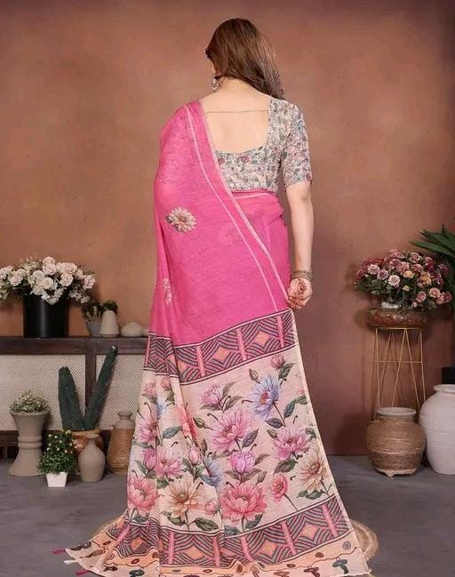 Soft cotton linen degital print saree with matching blouse