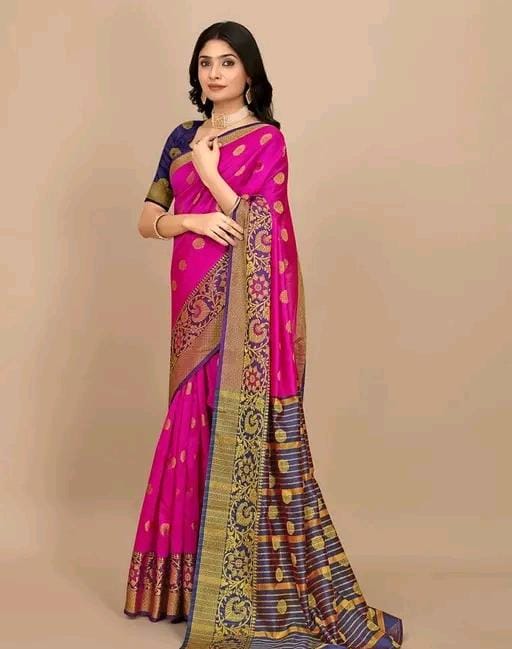 Festival wear pink banarasi silk sareewith golden polka dots
