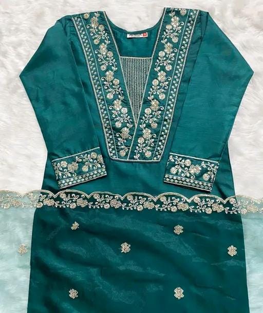 Rayon slub embroidered kurta set with dupatta