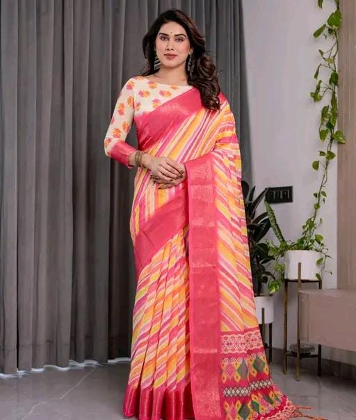 Handloom linen printed saree with zari border
