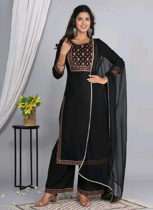 LVISH CRAFTS Women Rayon A-line Embroidred Long Kurti With Palazzos and Dupatta Set