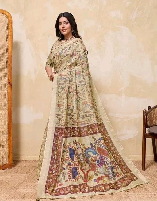 Fancy women print printed silk saree with blouse